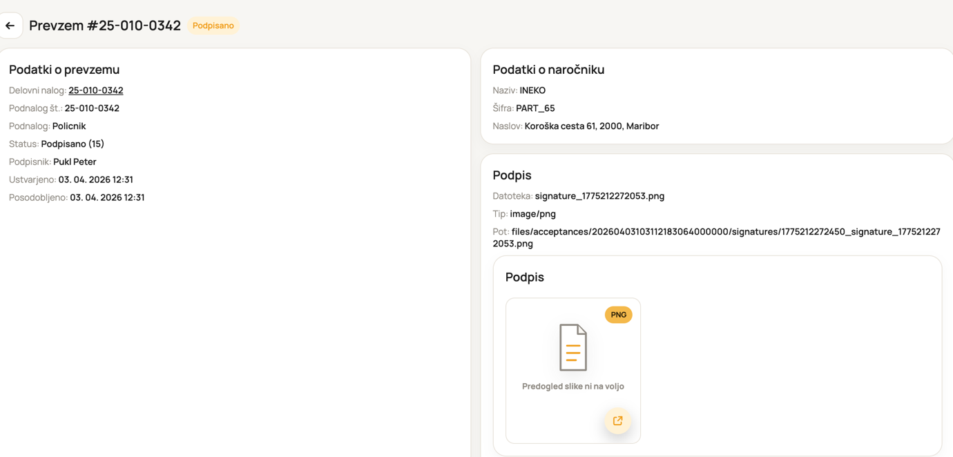 Pregled prevzemnega zapisnika s podatki o prevzemu in podpisom