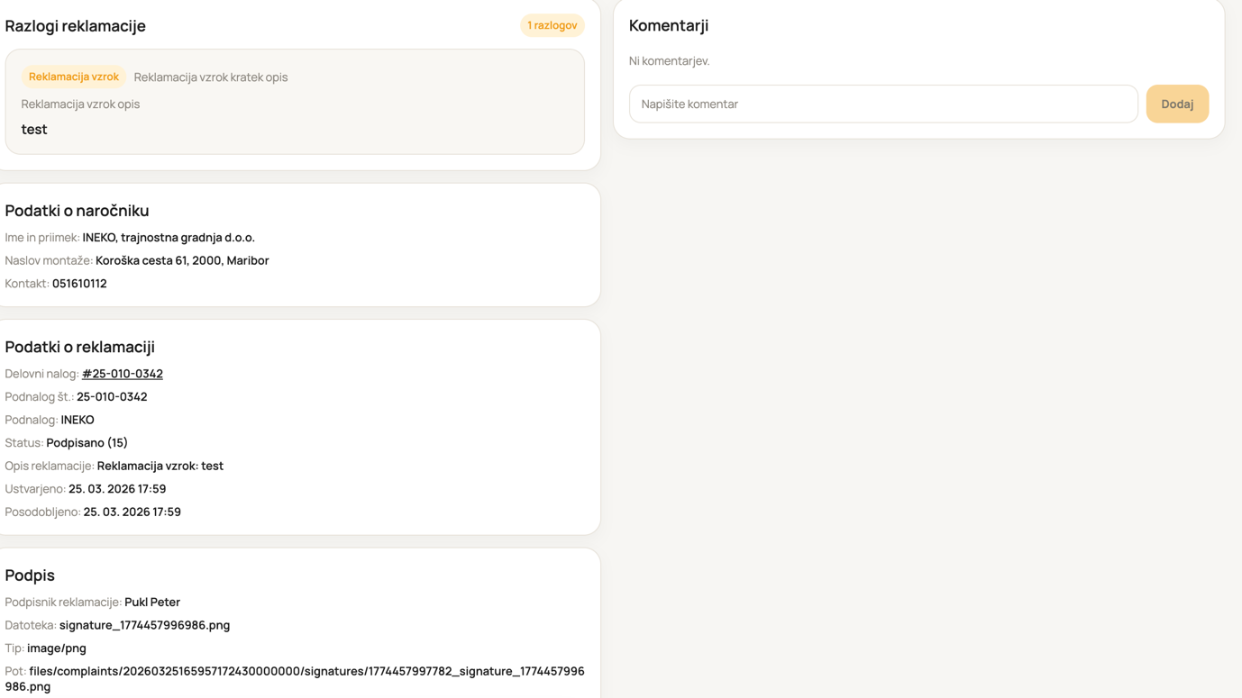 Pregled reklamacije s podatki, podpisom in komentarji