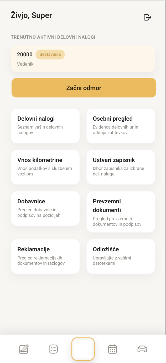 Glavni zaslon aplikacije
