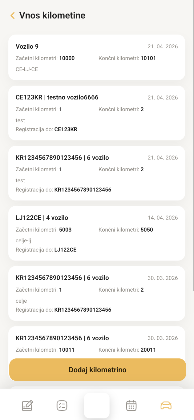 Seznam vnosov kilometrine